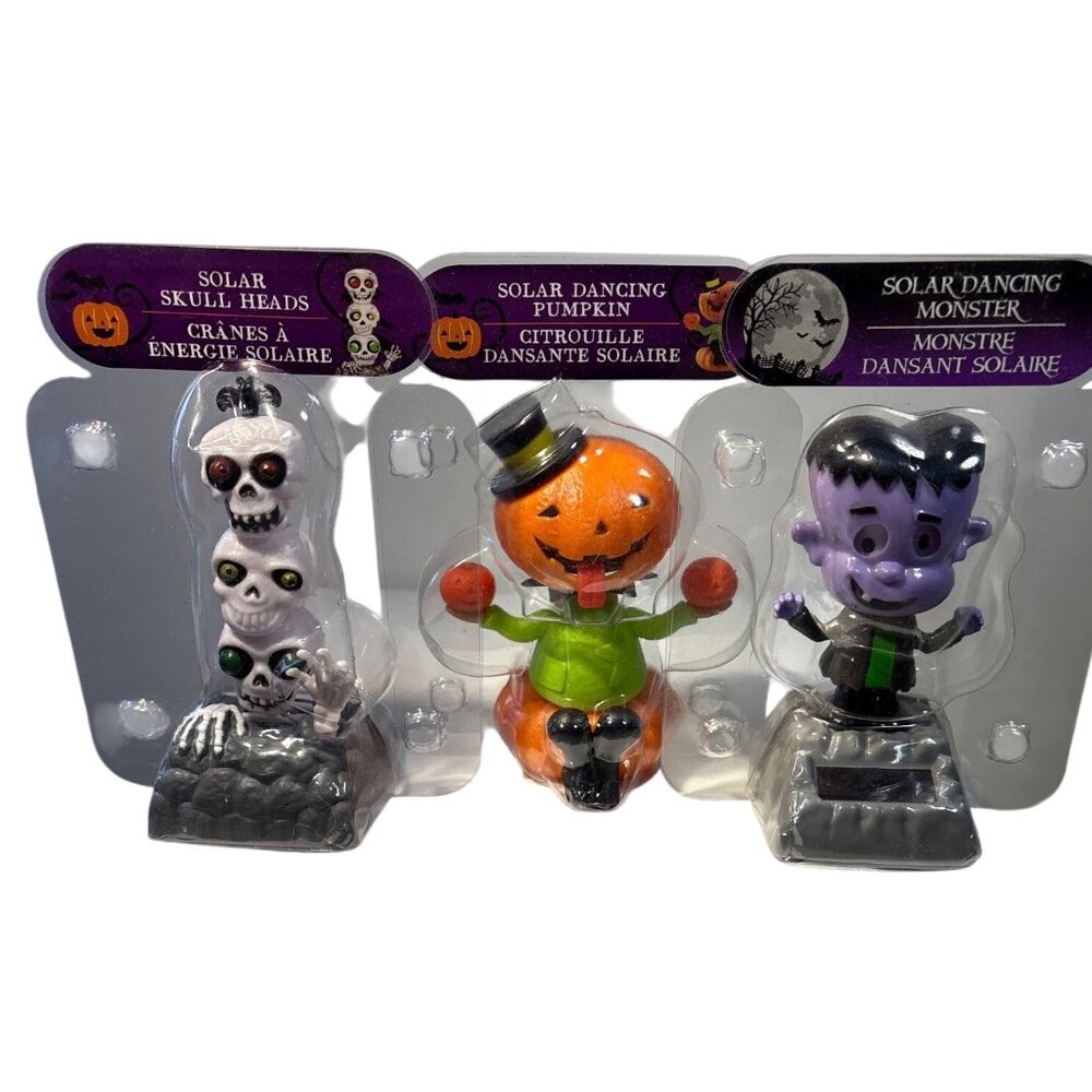 Set Of 3 Solar Dancing Halloween Figurines Skull Pumpkin Monster New